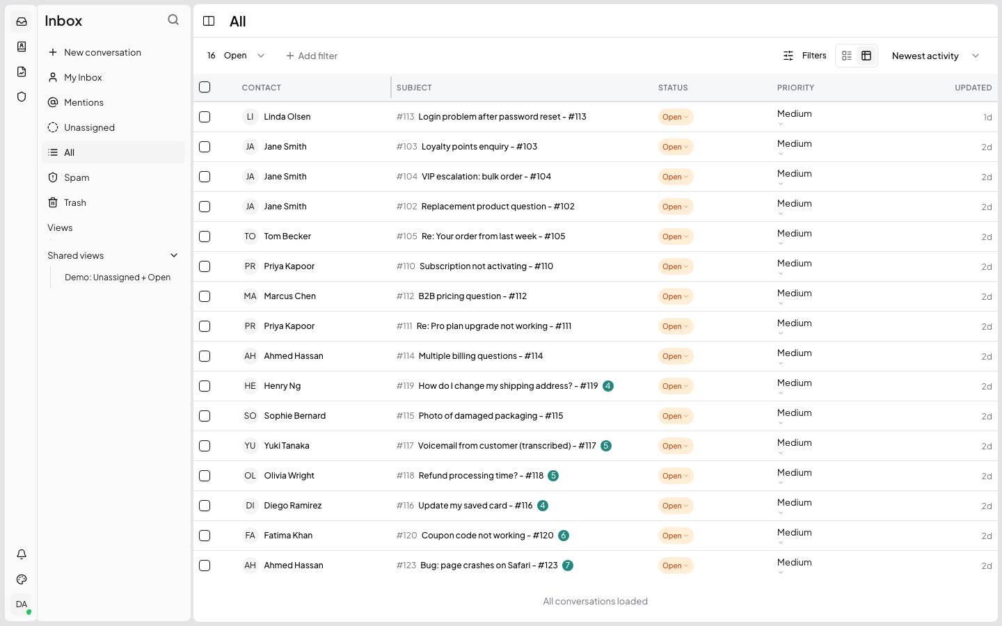Conversation list — Inbox view